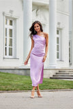 Elegant One-Shoulder Satin Midi Dress with Side Slit