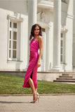 Elegant One-Shoulder Satin Midi Dress with Slit