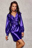 Elegant Satin Mini Dress with Puff Sleeves and Envelope Neckline
