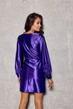 Elegant Satin Mini Dress with Puff Sleeves and Envelope Neckline