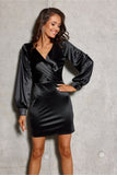 Elegant Satin Mini Dress with Puff Sleeves and Zipper Closure