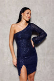 Elegant Asymmetrical Sequin Mini Dress with Long Sleeves