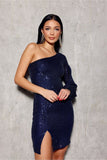 Elegant Asymmetrical Sequin Mini Dress with Long Sleeves