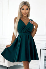 Asymmetrical Bottle Green Dress with Belt and Longer Back - green / XS
