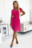 Pink Chiffon Pleated Dress with Ruffles and Bow Detail