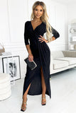 Glittery Black Maxi Dress with Slit and Envelope Neckline