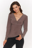 Fitted V-Neck Women's Blouse with Buff Sleeves and Elegance