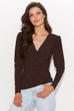 Fitted Women's V-Neck Blouse with Elegant Buff Sleeves