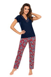 Elegant Two-Piece Pajamas with Lace and Floral Design