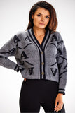Two-Tone Button-Up Short Sweater with Ribbed Hem