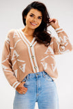 Two-Tone Button-Up Short Sweater with Ribbed Hem