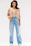 Two-Tone Button-Up Short Sweater with Ribbed Hem