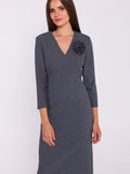 Chic Midi Pencil Dress with V-Neck and Floral Accent