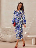 Chic Wrap Midi Dress with Long Sleeves and Flared Skirt