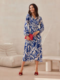 Chic Wrap Midi Dress with Long Sleeves and Flared Skirt