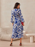 Chic Wrap Midi Dress with Long Sleeves and Flared Skirt