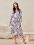 Elegant Long Sleeve Midi Dress with Wrap Top and Flare Skirt