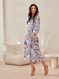 Elegant Long Sleeve Midi Dress with Wrap Top and Flare Skirt