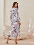 Elegant Long Sleeve Midi Dress with Wrap Top and Flare Skirt