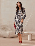Elegant Midi Dress with Long Sleeves and Wrap Waist Design