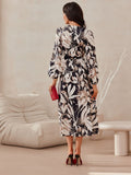 Elegant Midi Dress with Long Sleeves and Wrap Waist Design