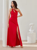 Asymmetrical Satin Maxi Dress with Slit and Cutout Neckline