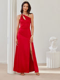 Asymmetrical Satin Maxi Dress with Slit and Cutout Neckline