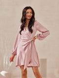 Elegant Satin Wrap Dress with Puff Sleeves for Any Occasion