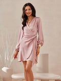 Elegant Satin Wrap Dress with Puff Sleeves for Any Occasion
