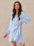 Elegant Satin Wrap Dress with Puff Sleeves for All Occasions