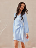 Elegant Satin Wrap Dress with Puff Sleeves for All Occasions