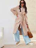 Elegant Women's Long Sleeve Coat with Waist Tie and Pockets