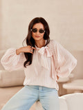 Elegant Blouse with Long Puffy Sleeves and Laced Neckline