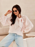 Elegant Blouse with Long Puffy Sleeves and Laced Neckline