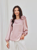 Elegant Satin Blouse with Puff Sleeves and Rose Detail
