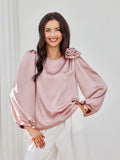 Elegant Satin Blouse with Puff Sleeves and Rose Detail