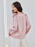 Elegant Satin Blouse with Puff Sleeves and Rose Detail