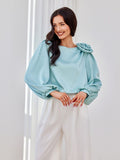 Elegant Satin Blouse with Puffy Sleeves and Rose Detail