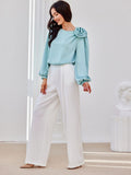 Elegant Satin Blouse with Puffy Sleeves and Rose Detail