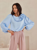 Elegant Satin Blouse with Puffy Sleeves and Floral Accent