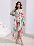Elegant Asymmetric Maxi Dress with Flared Bottom & Puffy Sleeves