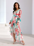 Elegant Asymmetric Maxi Dress with Flared Bottom & Puffy Sleeves