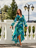 Elegant Asymmetrical Maxi Dress with Puffy Sleeves