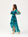 Elegant Asymmetrical Maxi Dress with Puffy Sleeves
