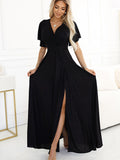 Elegant Black Brocade Dress with Wrap Neckline and Slit