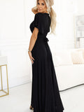 Elegant Black Brocade Dress with Wrap Neckline and Slit
