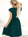 Chic Green Flared Dress with Wrap Neckline and Belt