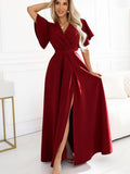 Elegant Burgundy Long Dress with Wrap Neckline and Slit
