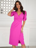Elegant Fitted Dress with Wrap Neckline and Slit Sleeves