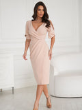 Elegant Fitted Dress with Wrap Neckline and Slit Sleeves